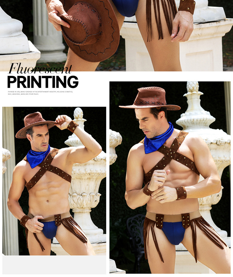 Σέξυ Αντρική Στολή - Κοστούμι Cowboy με Αξεσουάρ Καπέλο και Τρούξ Καφέ / Μπλέ Σέξυ Αντρική Στολή - Κοστούμι Cowboy με Αξεσουάρ Καπέλο και Τρούξ Καφέ / Μπλέ